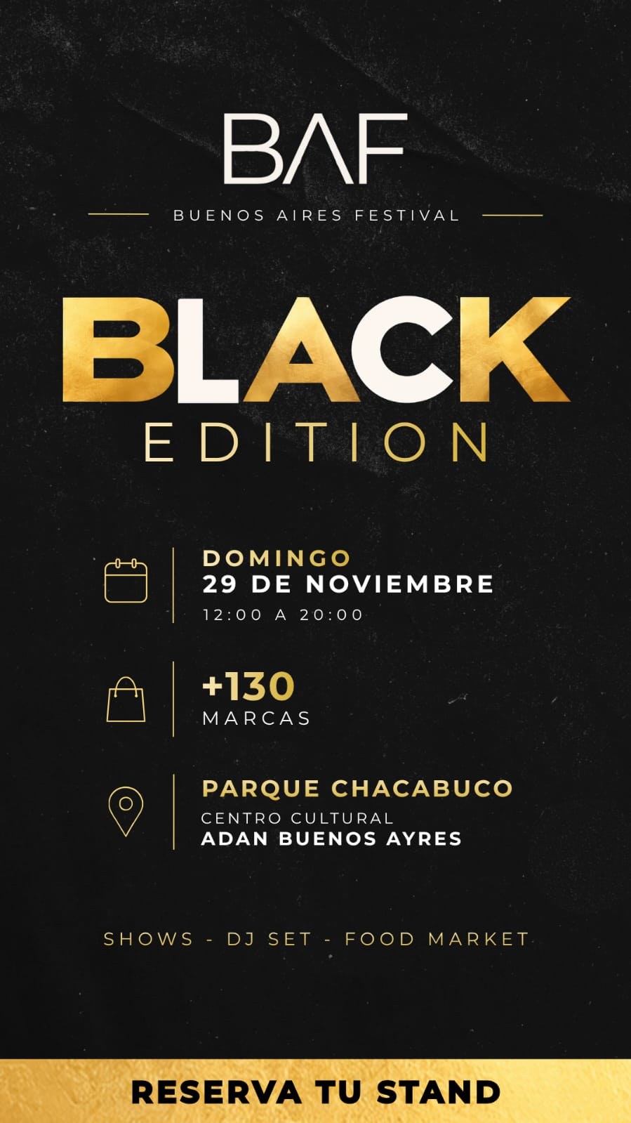 Flyer de la Black Edition de Buenos Aires Festival: domingo 29 de noviembre, de 12 a 20 h, en el Parque Chacabuco